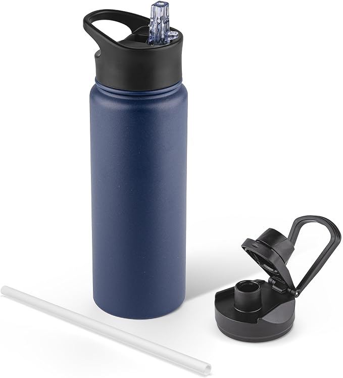 24 oz Insulated Water Bottle with Straw Lid & Wide Mouth Lids, Stainless Steel Sports Water Bottles, Double Walled Vacuum, Leak Proof, Blue Black Gradient