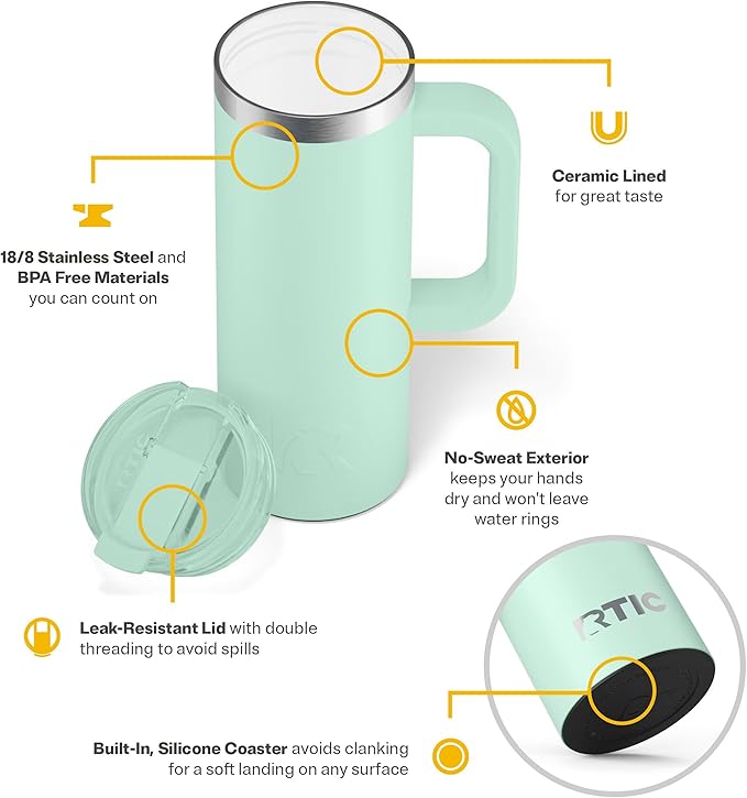 RTIC 20oz Road Trip Travel Mug with Lid and Handle, Ceramic Lined, Insulated, Stainless Steel, Metal, Double Wall Vacuum-Insulation, Portable Coffee, Tea Cup for Hot and Cold Drink, Fresh Mint