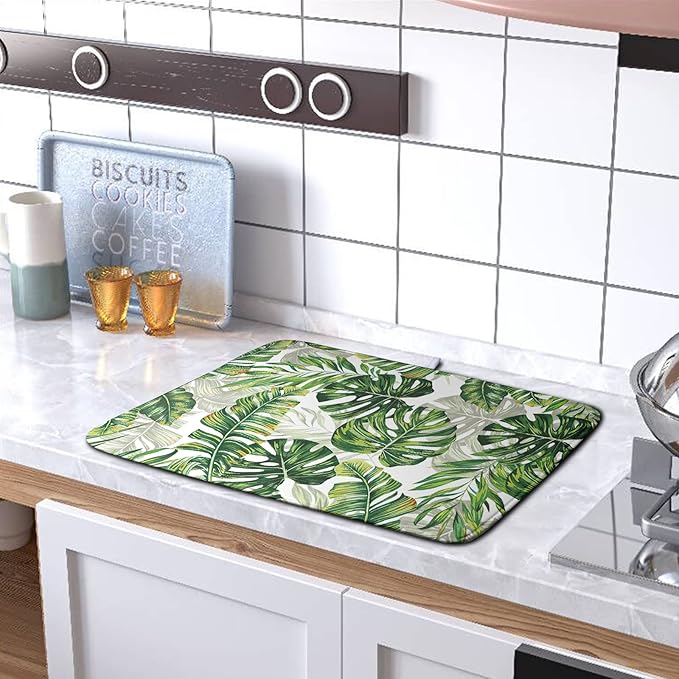 Tropical Palm Leaves Dish Drying Mat for Dishes 16x18 Inch Spring Green Monstera Leaf Drying Mat Watercolor Herbs Dish Drainer Mat Super Absorbent Dish Rack Pad for Coffee Bar Sinks