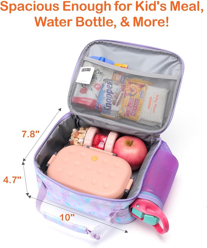 Bagseri Lunch Bag for Girls - Insulated Kids Lunch Bag with Water Bottle Holder Toddler Lunch Box Kids Lunch Cooler Tote for School Picnic, Glitter Purple Tie-dye (Water Bottle Not Included)