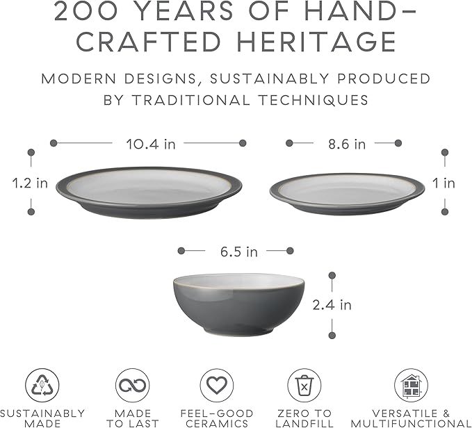 Denby - Elements Fossil Grey Dinner Set For 4-12 Piece Simple Ceramic Stoneware Tableware Set - Dishwasher Microwave Oven Safe - Scratch Chip Resistant