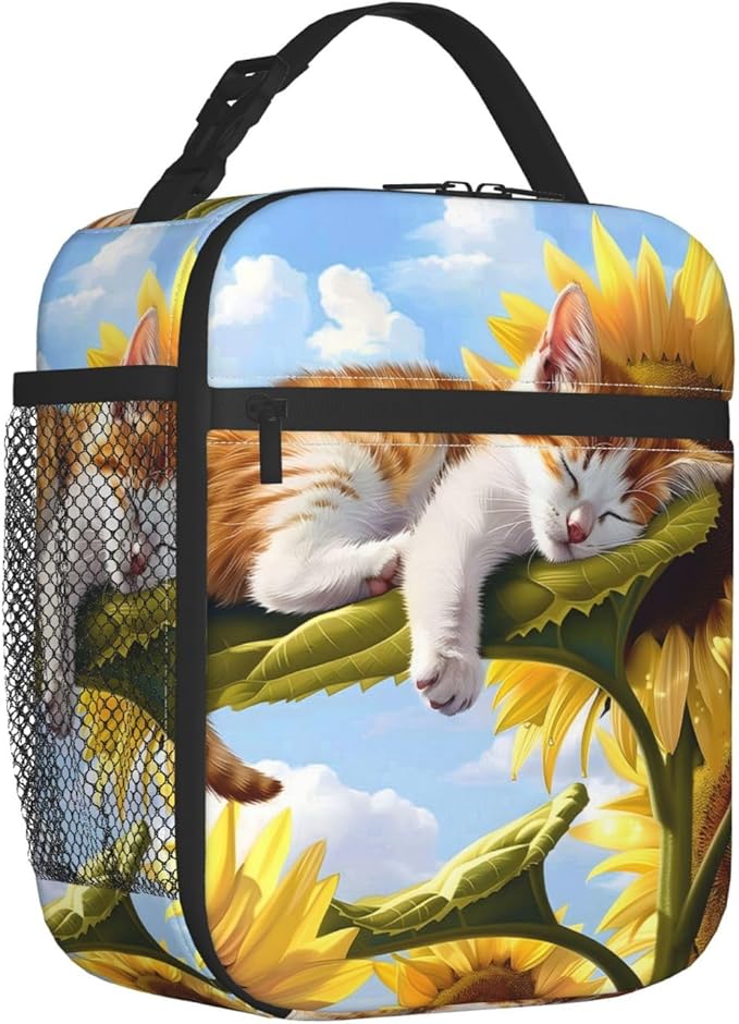 Reusable Cat Sunflower Lunch Box for Kids, Insulated Sleeping Kitten Bag,Polyester Cooler Pet Lovers Handbags Case for School Picnic Work Travel Beach or Hiking, Gifts