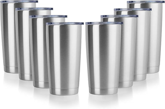 DOMICARE 20oz Stainless Steel Tumbler Bulk with Lid, Double Wall Vacuum Insulated Travel Mug, Powder Coated Coffee Cup, Stainless Steel, 8 Pack