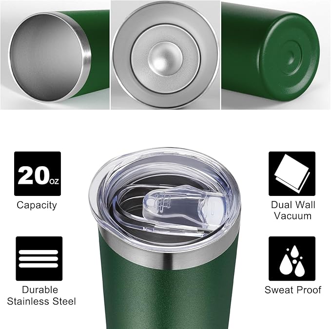 VEGOND Stainless Steel Skinny Tumbler, 20 oz Vacuum Insulated Tumbler with Lid and Straw, Double Wall Coffee Cup, Travel Mug for Cold Hot Drinks, Dark Green 1 Pack