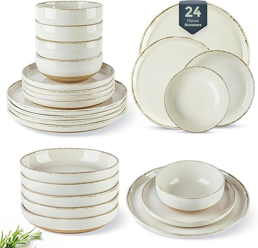 AmorArc Ceramic Dinnerware Sets with Pasta Bowls for 6, Handpainted Plates and Bowls Set with Rustic Terracotta Underside, Scratch Resistant Dishes Set, Dishwasher & Microwave Safe, 24 Pcs