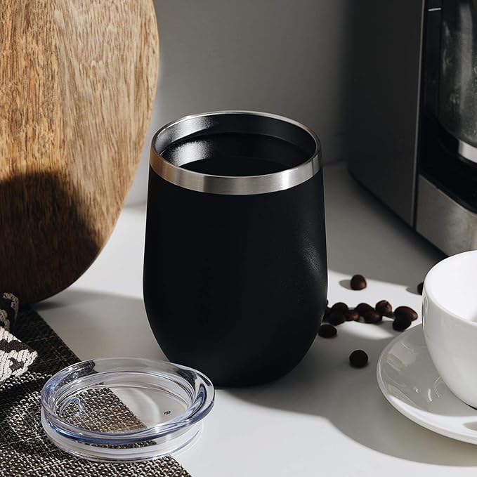 MEWAY 12oz/12 Pack Wine Tumbler Glasses with Lid -Double Wall Vacuum Stainless Steel Travel Tumbler Mug,Stemless Insulated Wine Cup for,Coffee,Cocktails,Gifts (Black,Set of 12)