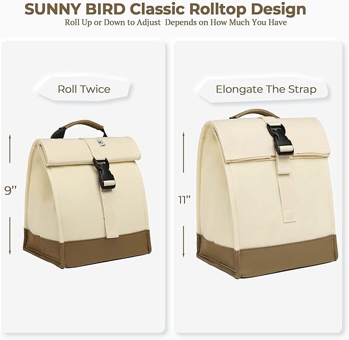 SUNNY BIRD Insulated Lunch Bag Rolltop Lunch Box Medium Lunch Cooler Tote for Women, Girls, Teens and Adults (White)