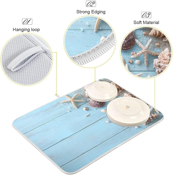 Blue Wooden Seashells and Starfish Dish Drying Mat for Kitchen Counter Super Absorbent Dishes Pad Reversible Microfiber Protector Dish Draining Mats 18x24 inch