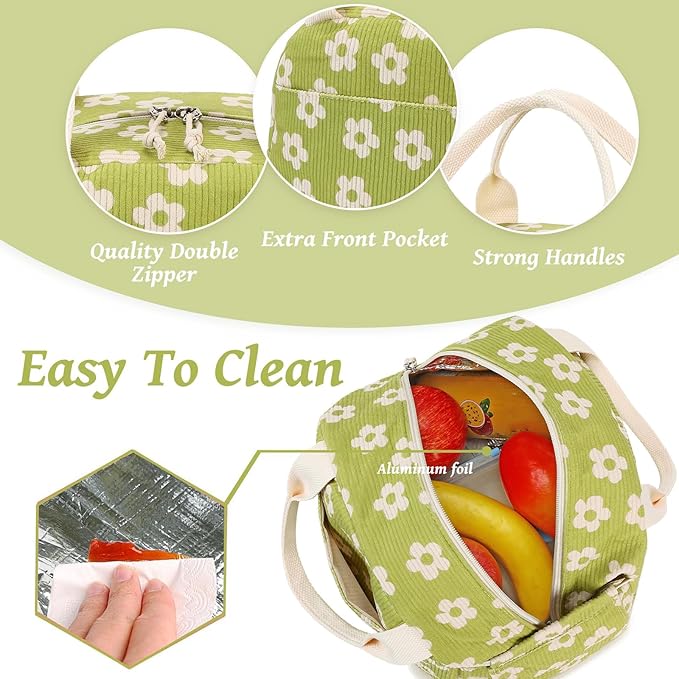 Bluboon Lunch Bag for Women Men Cute Corduroy Lunch Tote Bags Reusable Insulated Lunch Box Large Capacity Reusable Insulated Cooler for Work Picnic or Travel