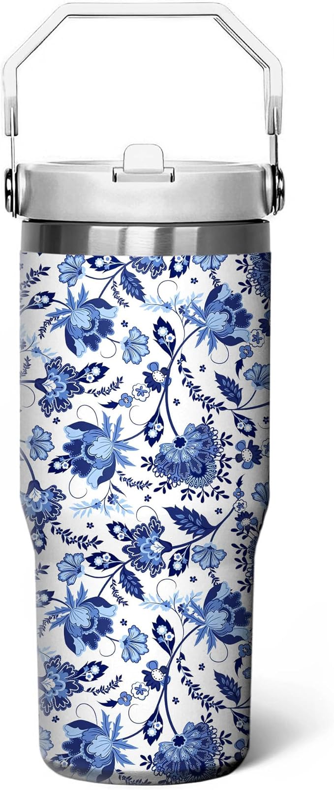 30oz Floral Tumbler – Blue and White Stainless Steel Insulated Travel Mug – Elegant Coffee Cup with Handle Lid – Gift for Women, Mom, Friends, Teachers