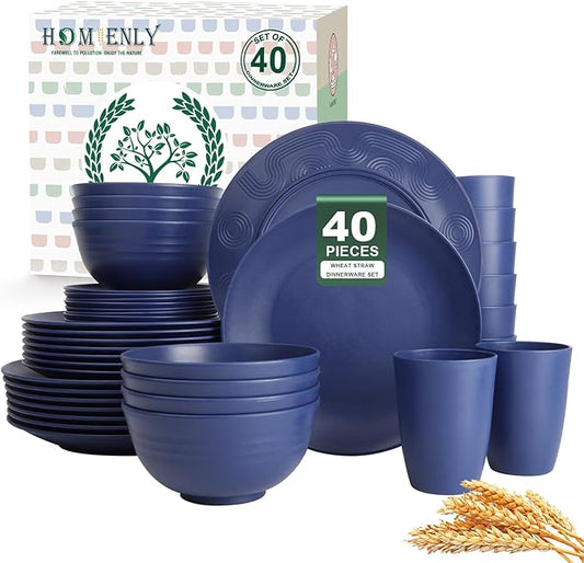 Homienly 40 PCS Wheat Straw Dinnerware Set, Reusable Plates and Bowls Sets, Cups, Lightweight and Unbreakable Dishes Set for 8, Microwave & Dishwasher Safe Dinnerware Sets for Kitchen - Dark Blue