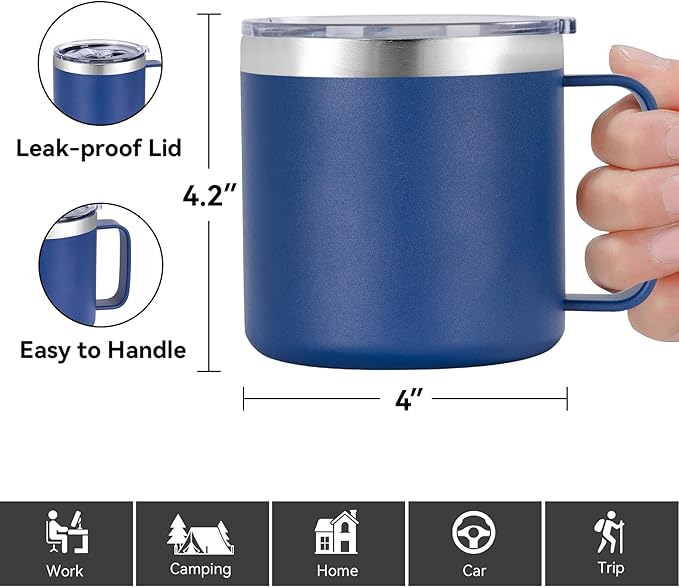 VEGOND 14 oz Insulated Stainless Steel Travel Coffee Mug with Handle, Double Wall Vacuum Coffee Cup, Navy Blue