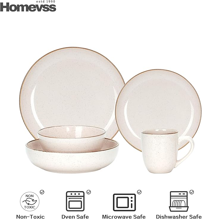Eur-Nordic Shape Raising Rim 20pc Dinnerware Set, Shiny Glaze Peach with Speckle Effect