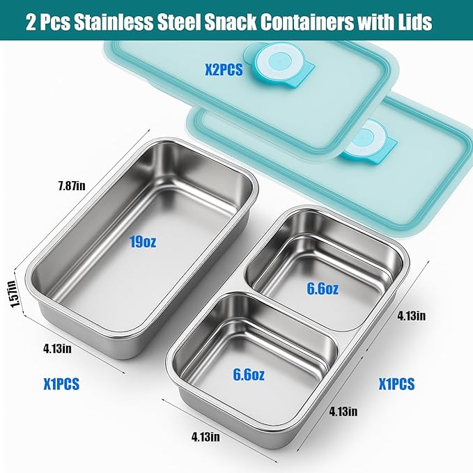 2Pcs Stainless Steel Snack Containers - Reusable Double Compartment Condiment Box with Lids for Kids Adults, Grab and Go Divided Snack Food Lunch Storage Containers Sauce Cups for School, Travel
