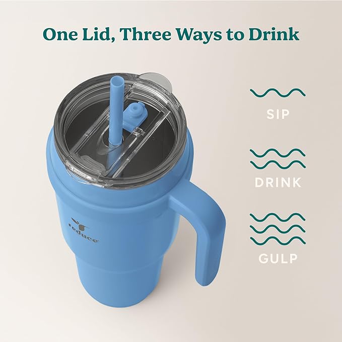 REDUCE Cold1 40 oz Tumbler with Handle - Vacuum Insulated Stainless Steel Water Bottle for Home, Office or Car, Reusable Mug with Straw or Leakproof Flip Lid, Keeps Drinks Cold All Day- Oahu Blue