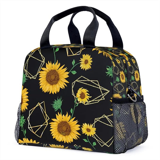 Yellow sunflower geometric shapes modern art Lunch Bag for Women Men Cute Large Capacity Thermal Lunch Tote Reusable Washable with Adjustable Shoulder Strap and Dual Large Mesh Side Pockets