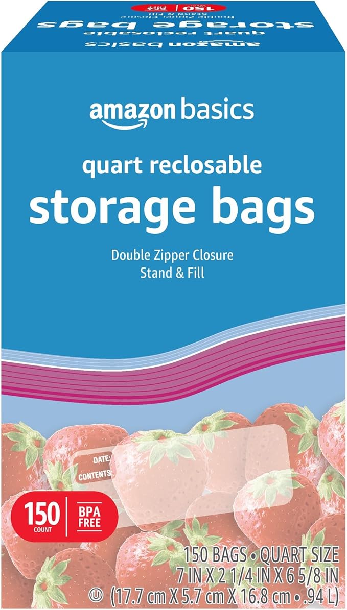 Amazon Basics Reclosable Quart Food Storage Bags, BPA Free, 150 Count