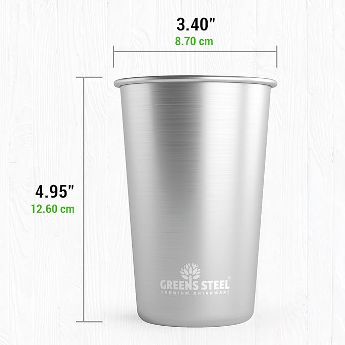 Greens Steel #1 Premium Stainless Steel Cup, 475 ml Pint Cups (4 Pack) Premium Metal Cups - Stackable Durable Cup