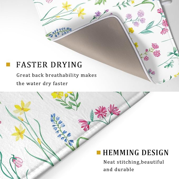 Spring Drying Mats for Kitchen Counter 18×24 Inch Watercolor Flower Large Microfiber Drying Mat Kitchen Accessories Dish Rack Mat Drainer Pad Washable Absorbent