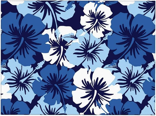 Blue Hawaii Flowers Dish Drying Mat, Blossom Floral Kitchen Counter Mat Rubber Backing Draining Mat Easy Clean Kitchen Accessories Dish Rack Pad for Dishes, Utensils, Countertops, Coffee Sinks 18X24''