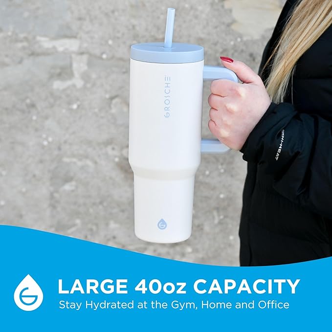 GROSCHE ASPEN 40 oz tumbler with handle and straw. Extreme insulation, classy design, built to last insulated stainless steel tumbler with handle, lid and straw - Frost White