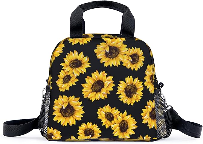 Sunflower Black Background Lunch Bag for Women Men Cute Large Capacity Thermal Lunch Tote Reusable Washable with Adjustable Shoulder Strap and Dual Large Mesh Side Pockets