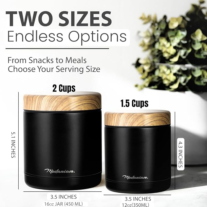 Stainless Steel Vacuum Insulated Food jars set of 2 | wide mouth |Insulated Lunch Container for Hot and Cold Food| Soup |Thermal Lunch Containers | Hot Lunch Box | 16 oz +12 oz| Black | Adults, teens