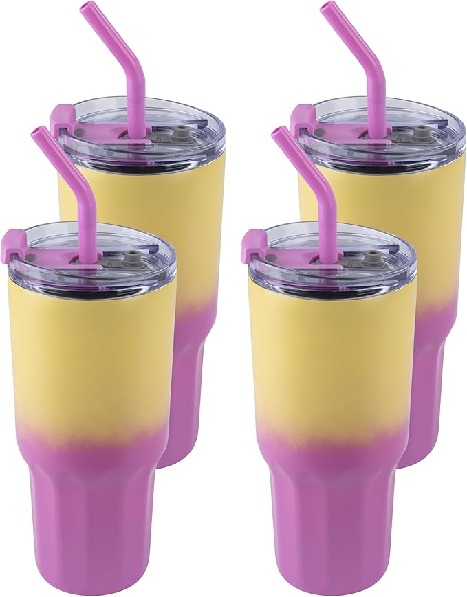 VEGOND 30 oz Insulated Stainless Steel Tumblers with lid and straw Bulk Pack Coffee Mug with Non-Slip Silicone Base, Sweat Proof Powder Coated Cup for Hot Cold Drinks, Pink and Yellow 4Pack