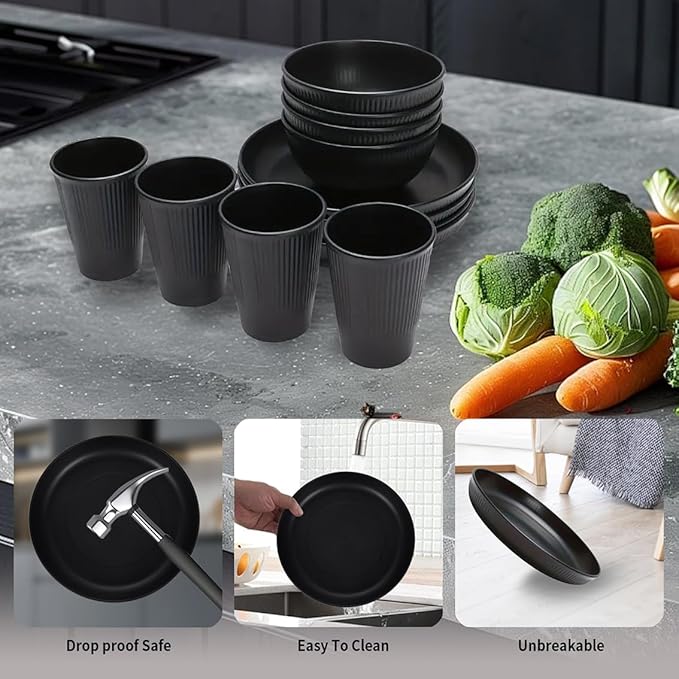 Plates and Bowls Sets, 18 piece Lightweight Unbreakable Dinnerware Set for 6，Camping Plates for Picnic ，Dish Sets with 23cm Plates, 15cm Bowls, Cups for Kitchen （Black）