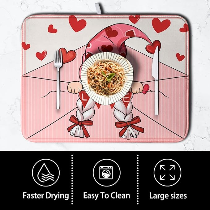 Valentine's Day Love Letter Dish Drying Mat for Kitchen Counter, Love Letter Gnome Absorbent Dish Pad Large Dish Drainer Mats for Countertop 16x18 Inch