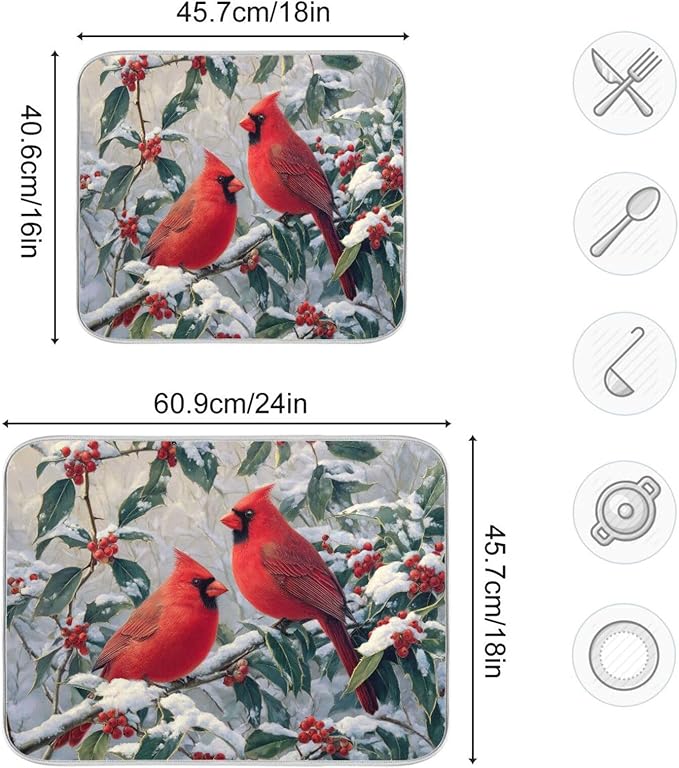 Red birds Snow Dish Drying Mat for Kitchen Counter Super Absorbent Dishes Pad Reversible Microfiber Protector Dish Draining Mats 16x18 inch