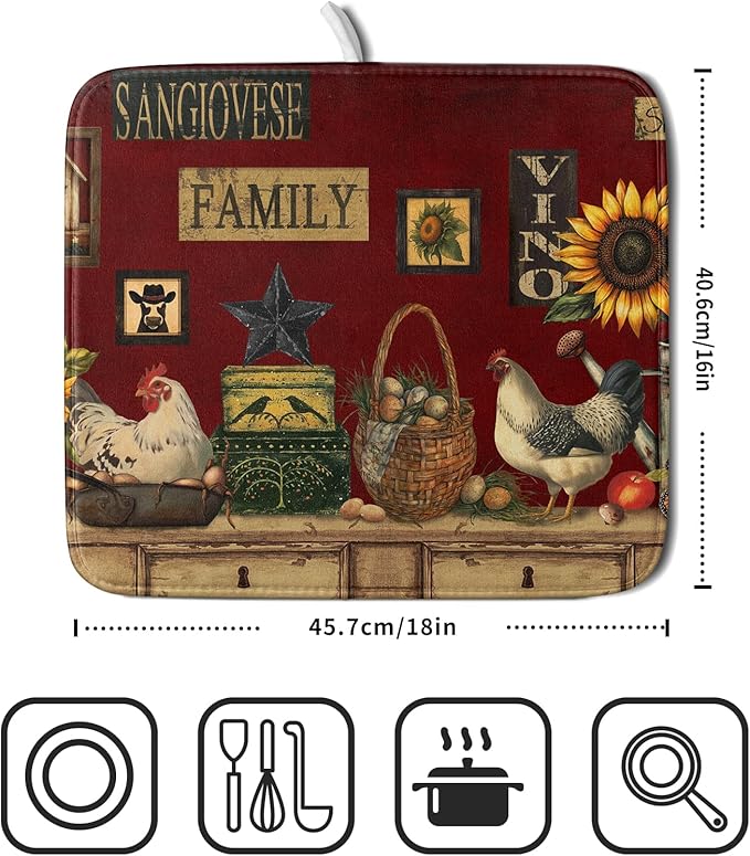 Vintage Rooster Dish Drying Mats 16x18 Inch,Farmhouse Country Hen Chicken Sunflower Microfiber Absorbent Quick-Dry Drainer Rack Sink Protector Pad for Kitchen Counter Decor