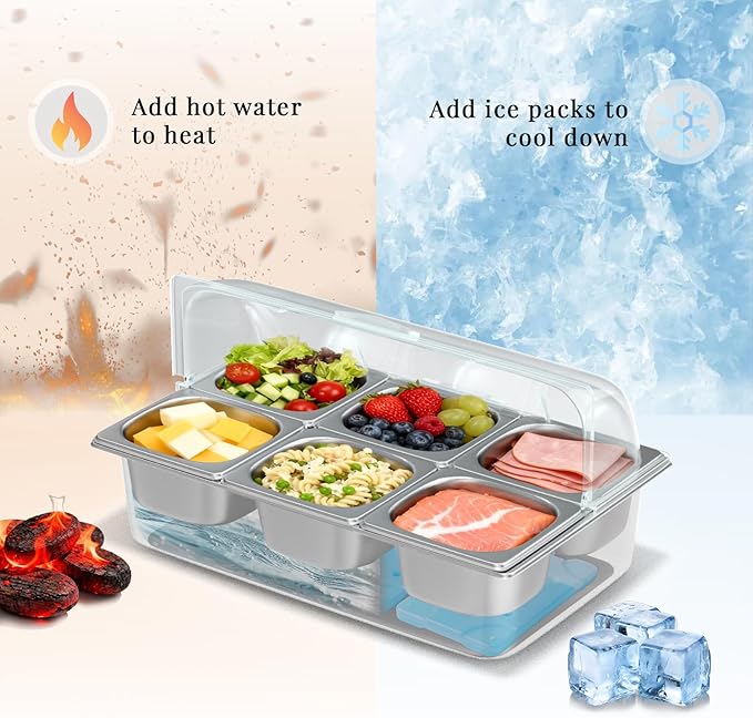 Stainless Steel Countertop Food Serving Display Container with Clear Roll Top Cover - Ice Food Serving Tray for Buffet, Restaurant, Kitchen, or Party(6 Pans)