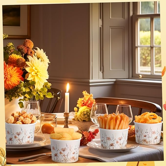 50 Pack Fall Wild Flowers Treat Snack Cups Fall Floral Paper Ice Cream Cups 9 oz Watercolor Disposable Dessert Bowls for Hot or Cold Food Autumn Wedding Baby Shower Birthday Party Supplies