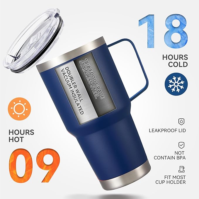 30 oz Tumbler with Handle and Lid, Stainless Steel Tumblers Bulk Double Wall Vacuum Insulated Travel Mug Leak Proof Cup Keep Drinks Cold and Hot Navy, 8 Pack