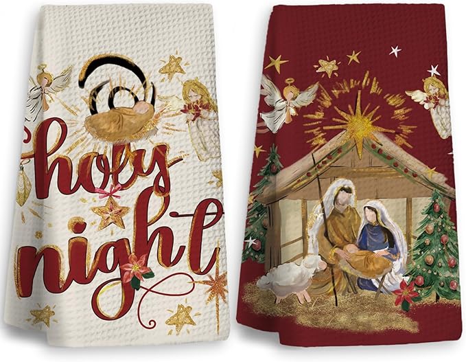 Christmas Kitchen Towels,Christmas Jesus Decor,Nativity Scene Winter Dish Towels Set of 2,Holy Night Tea Towels,Christmas Saying Winter Holiday Hand Towels,Gifts for Women,Nativity Gifts 16×24