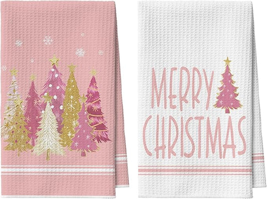 Artoid Mode Pink Star Xmas Tree Merry Christmas Bar Kitchen Towels, 12x24 Inch Quick Dry Microfiber Cloth Dish Towels for Kitchen Drying Set of 2