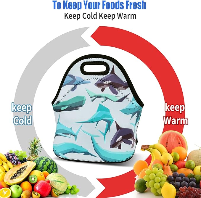 Violet Mist Cute Neoprene Lunch Bag Reusabl lunch bags Bags Shark Insulated Thermal Lunch Box Cool Sea Animal Food Hand Bags Cooler Lighweight Washable lunch bags Work Picnic Gift for Women Men Adult