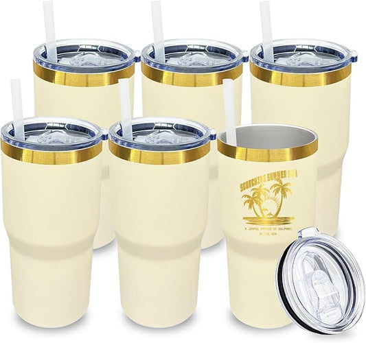 20 oz Tumbler Bulk 6 Pack Stainless Steel Tumblers with Lids and Straws, Double Wall Vacuum Insulated Travel Coffee Mug for Laser Engrave, Powder Coated Cups for Hot and Cold Drinks (Cream,6 pack)