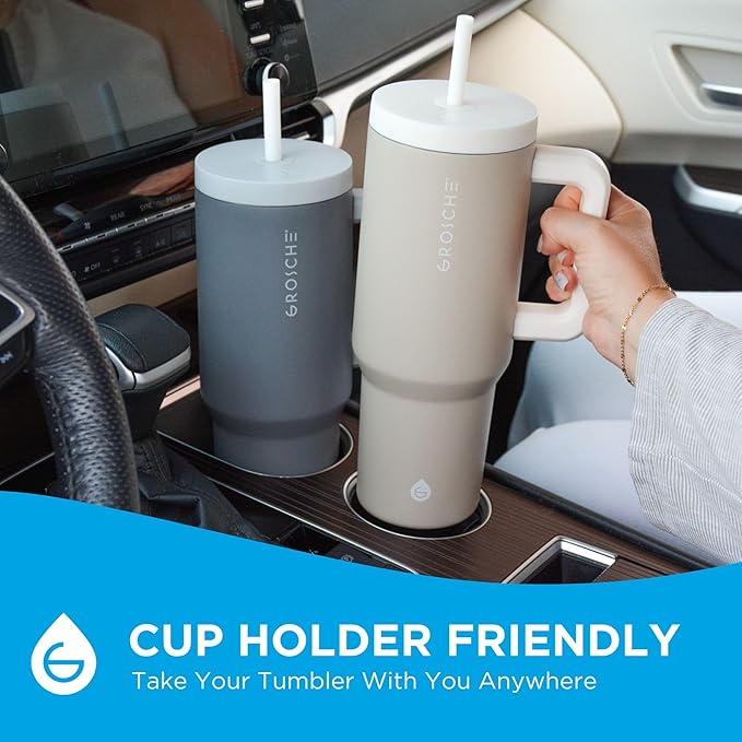 GROSCHE ASPEN 40 oz tumbler with handle and straw. Extreme insulation, classy design, built to last insulated stainless steel tumbler with handle, lid and straw - Steel Grey