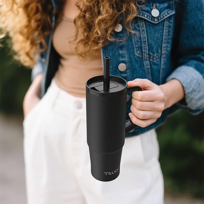 TILUCK 30 oz Tumbler with Handle, Vacuum Insulated Stainless Steel Travel Mug with 100% Leak-Proof Silicone Straw Lid, Cupholder Friendly Water Bottle(MidnightBlack, 30oz)