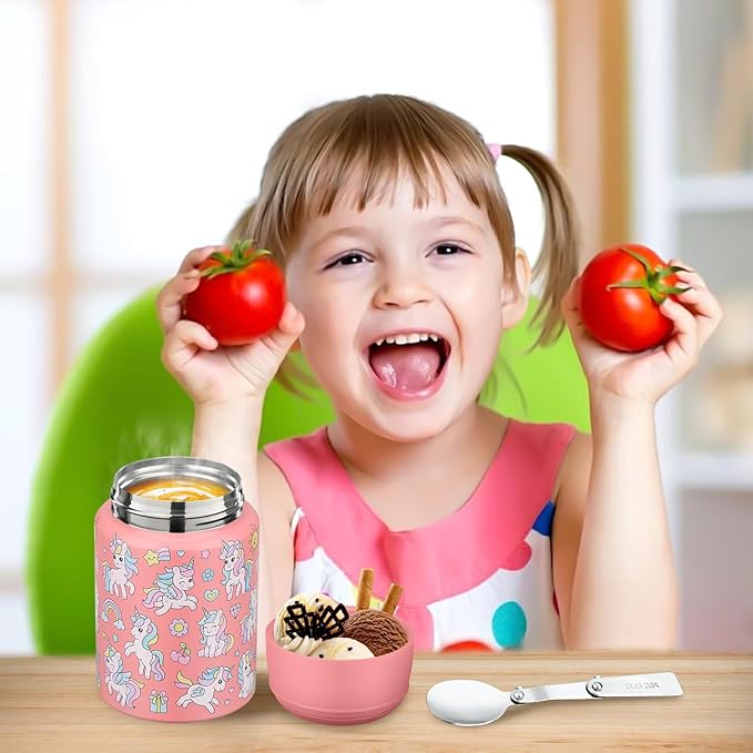 17oz Soup Thermo for Hot Food Kids Insulated Food Jar,Thermo Hot Food Lunch Container, Width Mouth Stainless Steel Lunch Box for Kids with Handle Folding Spoon (Pink-Unicorn)