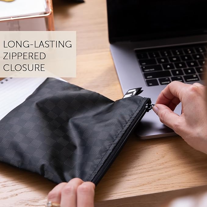 Roamio Reusable Sandwich and Snack Bags, for Kids School Lunch and for Adults Portion, Washable Fabric, Waterproof Cloth Zip Bag, Travel Pouch, Food-Safe Storage, Large 2-pk Black Check and Off White