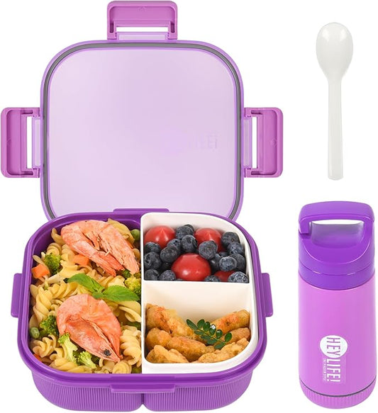 Bento Lunch Box for Kids & Adults, Purple Kids Lunch Box with Removable Compartments, Water Cup & Utensils, BPA-Free, Leak-Proof, Microwave/Dishwasher Safe