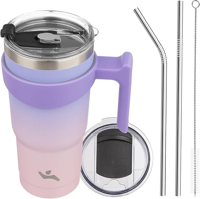 20 oz Tumbler with Handle and 2 Straw 2 Lid, Insulated Water Bottle Stainless Steel Vacuum Cup Reusable Travel Mug,Pastel Sunset