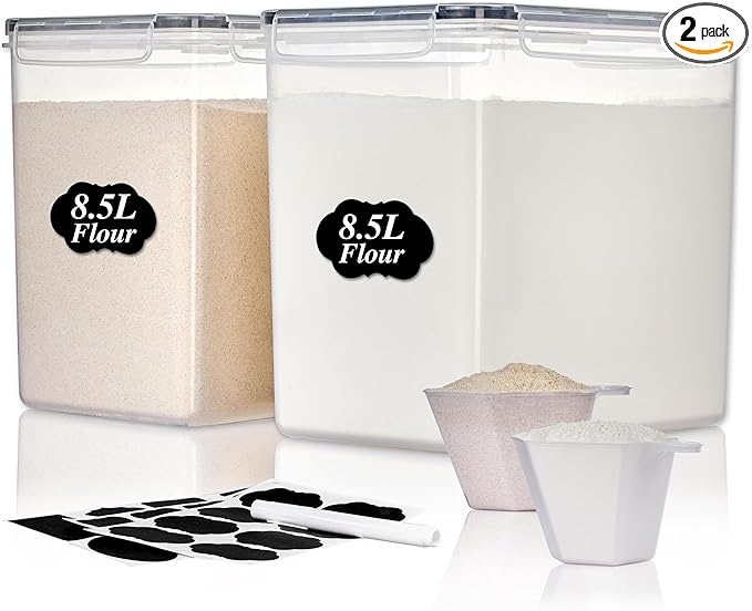 Vtopmart 8.5L 2 Pack Extra Large Flour Sugar Storage Containers for 20lbs flour, Airtight Kitchen Pantry Organization Canisters with Lids for Bulk food, Rice, Baking Supplies, BPA Free, Black
