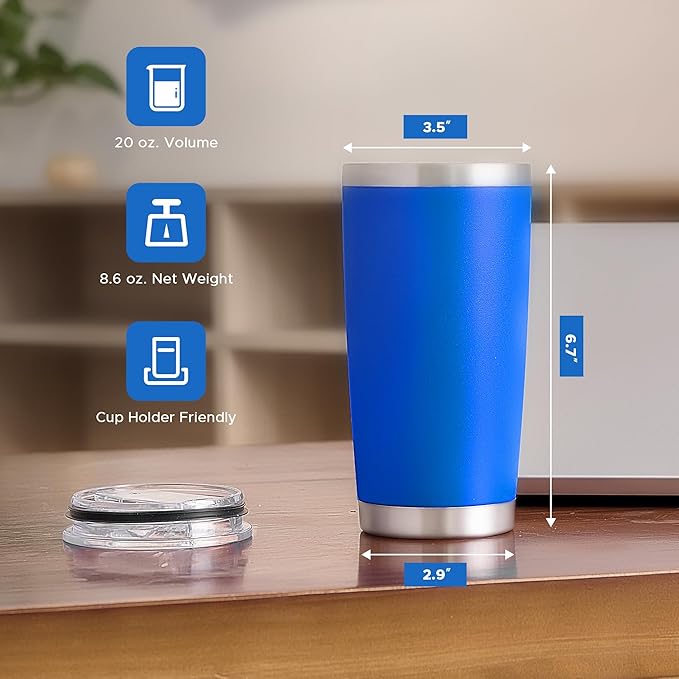 OMTech 20oz Tumblers Bulk, 12pc Stainless Steel Tumbler Set with Lid & Straw, Double Wall Vacuum Insulated Mug for Laser Engraver, Travel Coffee Mug for Hot & Cold Drinks, Navy Blue Powder Coated Cup