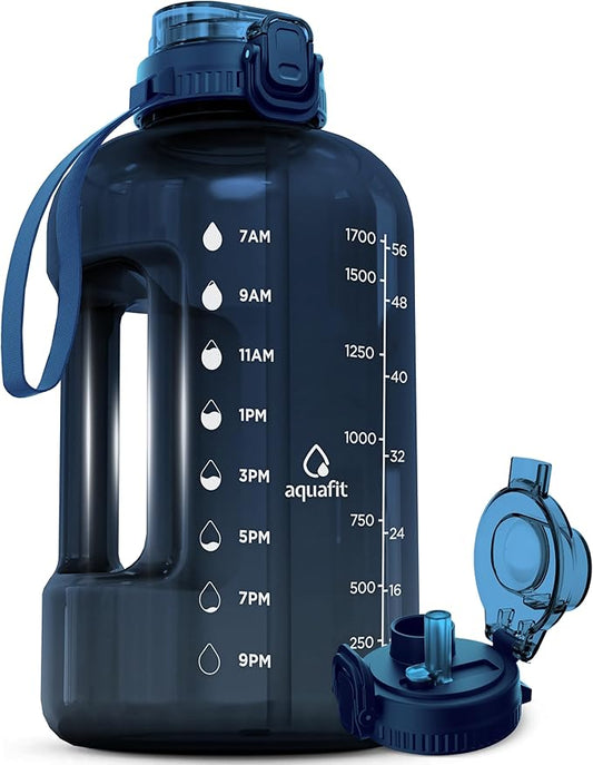 AQUAFIT Half Gallon Water Bottle with Time Marker - Straw & Chug Lid - BPA Free Gym Water Bottle with Straw - Big Gallon Jug (Nebula, 64 oz - 2in1 Lid)