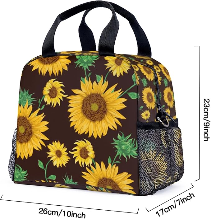 Yellow sunflower Lunch Bag for Women Men Cute Large Capacity Thermal Lunch Tote Reusable Washable with Adjustable Shoulder Strap and Dual Large Mesh Side Pockets