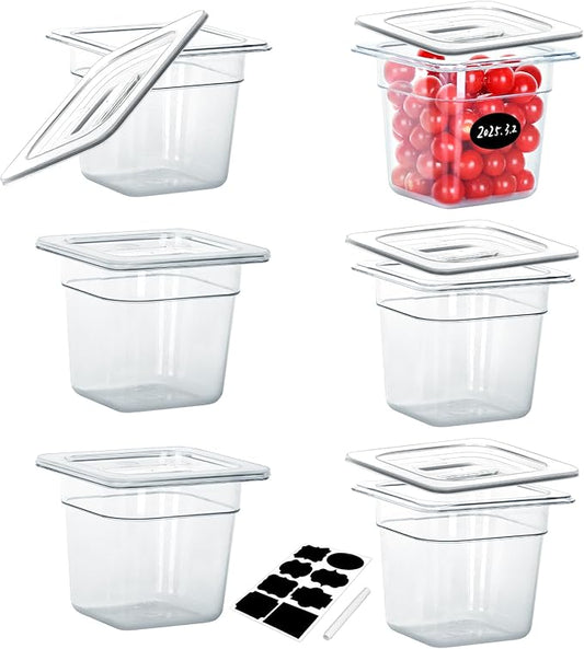 6 Pack NSF Food Pans with Lids, 1/6 Size 6'' Deep Commercial Food Storage Containers, Polycarbonate, Clear